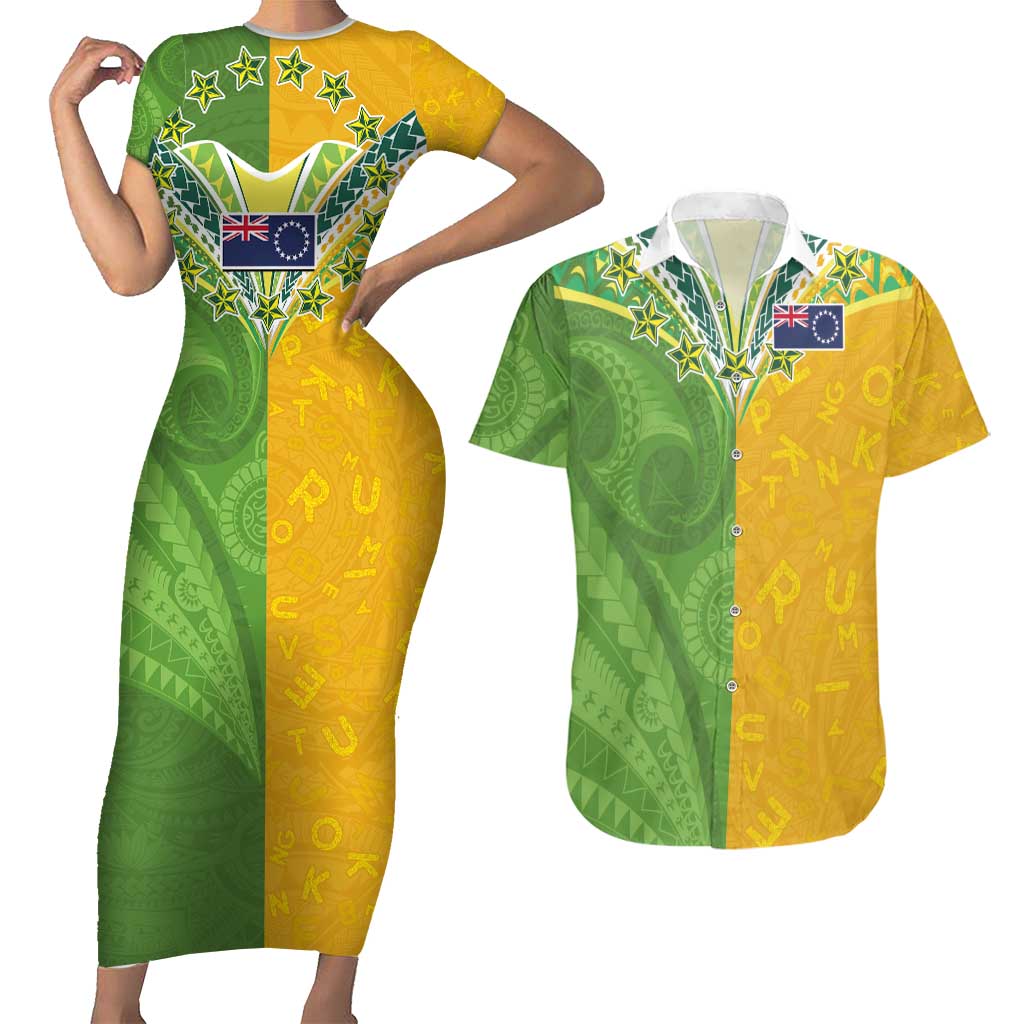 Cook Islands Language Week Couples Matching Short Sleeve Bodycon Dress and Hawaiian Shirt Tatau Pattern and Rarotongan Alphabet - Polynesian Pride