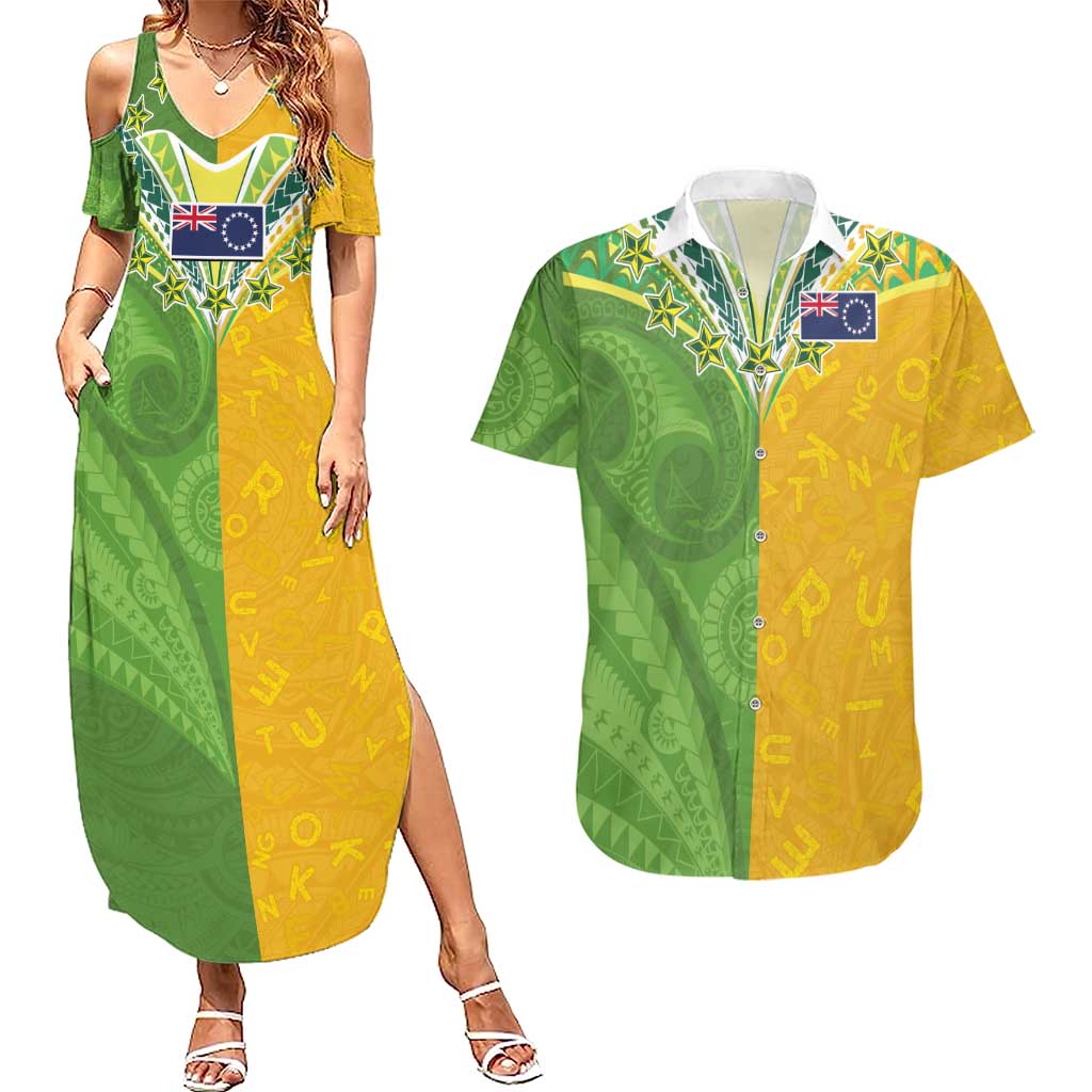 Cook Islands Language Week Couples Matching Summer Maxi Dress and Hawaiian Shirt Tatau Pattern and Rarotongan Alphabet - Polynesian Pride