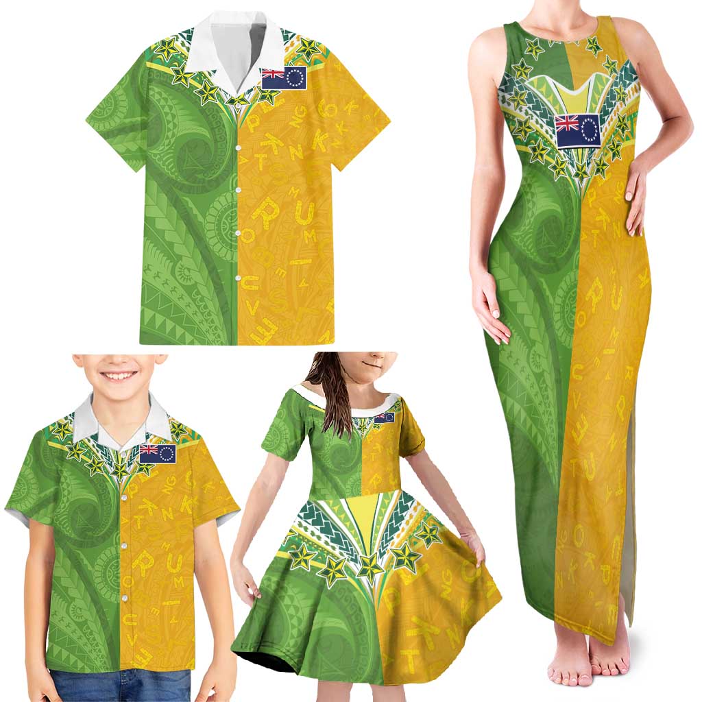 Cook Islands Language Week Family Matching Tank Maxi Dress and Hawaiian Shirt Tatau Pattern and Rarotongan Alphabet - Polynesian Pride