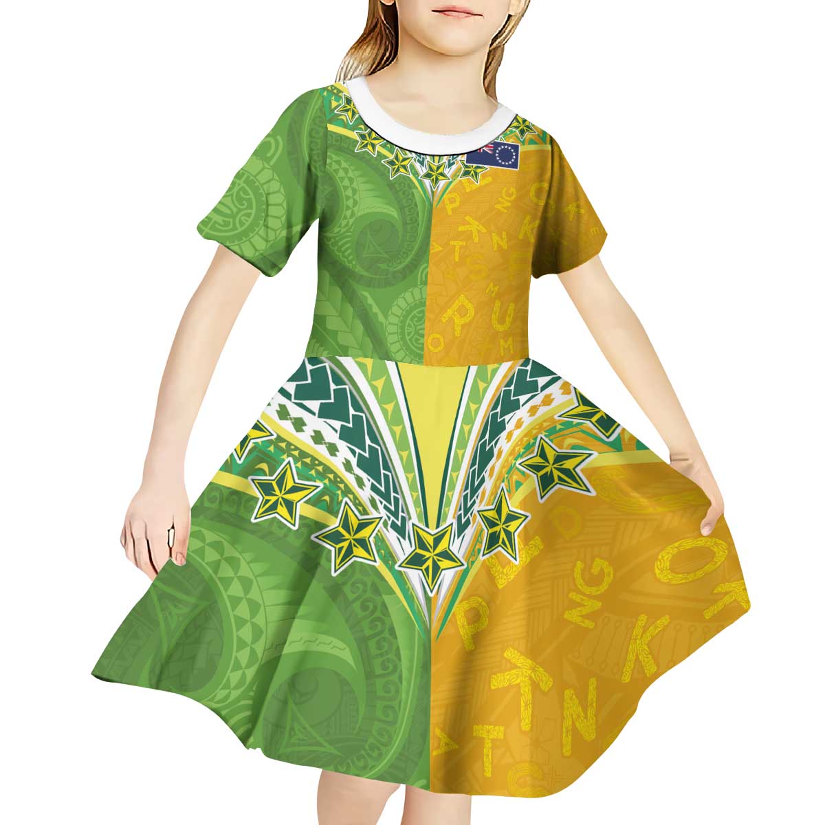 Cook Islands Language Week Kid Short Sleeve Dress Tatau Pattern and Rarotongan Alphabet - Polynesian Pride