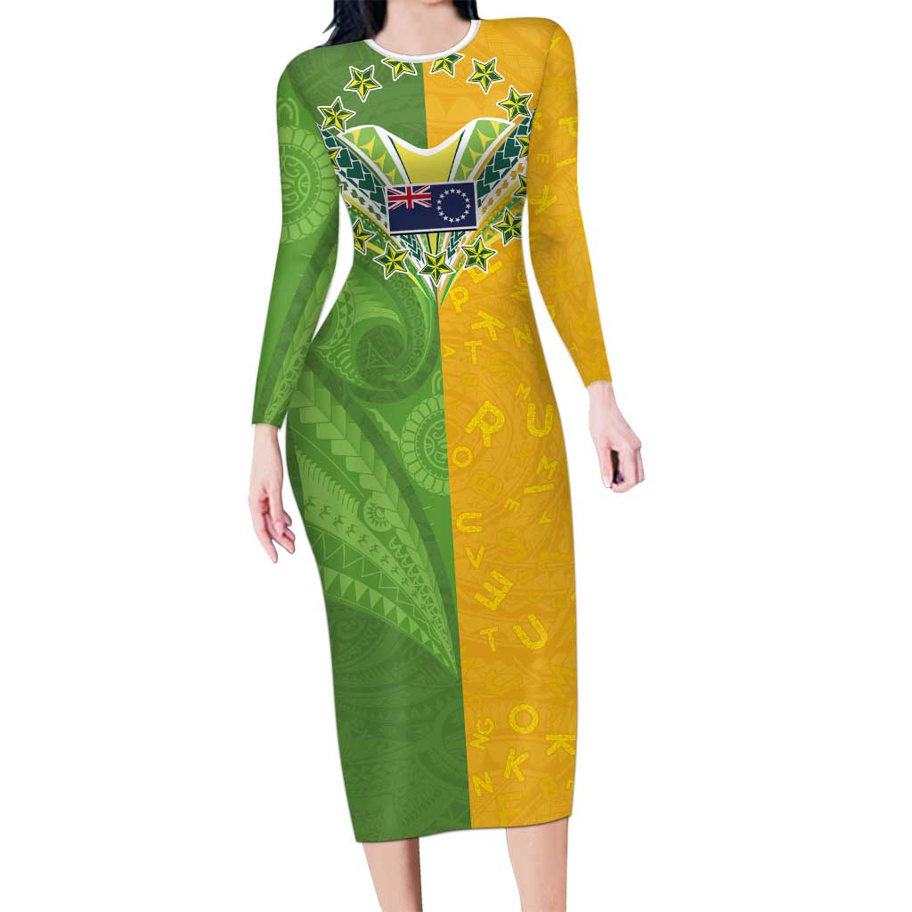 Cook Islands Language Week Long Sleeve Bodycon Dress Tatau Pattern and Rarotongan Alphabet - Polynesian Pride