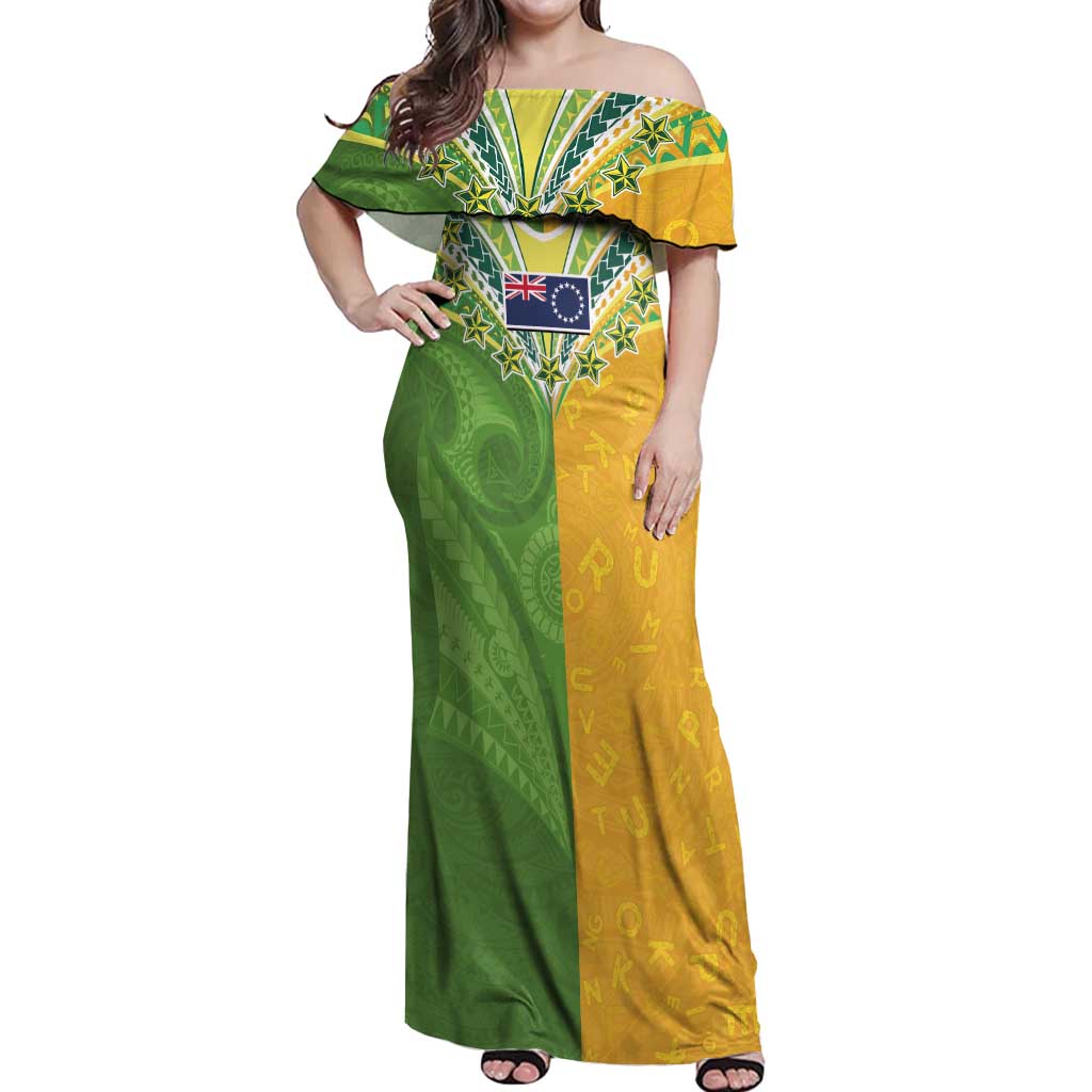 Cook Islands Language Week Off Shoulder Maxi Dress Tatau Pattern and Rarotongan Alphabet - Polynesian Pride