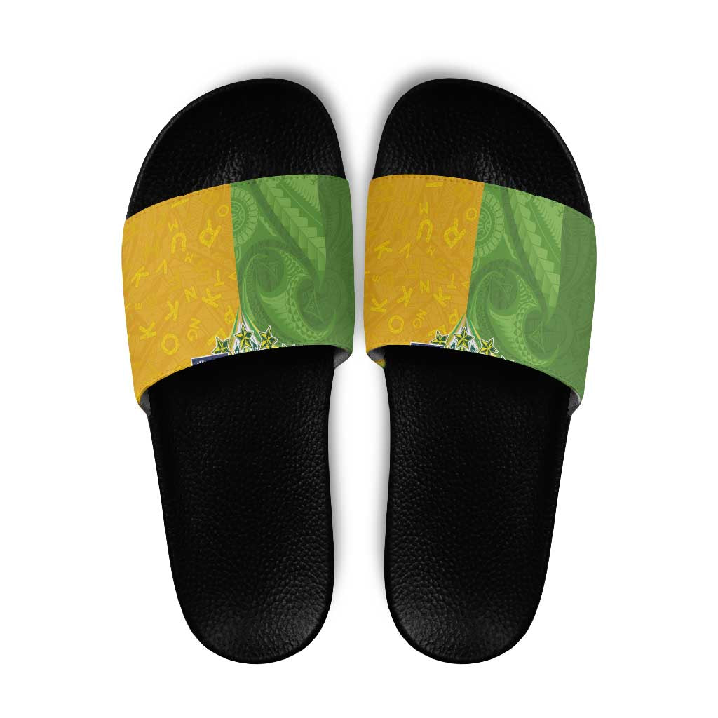 Cook Islands Language Week Slide Sandals Tatau Pattern and Rarotongan Alphabet - Polynesian Pride