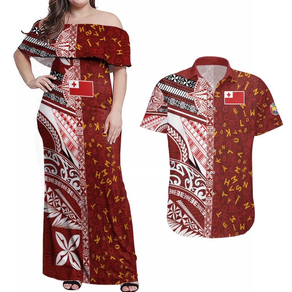 Tonga Language Week Couples Matching Off Shoulder Maxi Dress and Hawaiian Shirt Ngatu Pattern and Tongan Alphabet - Polynesian Pride