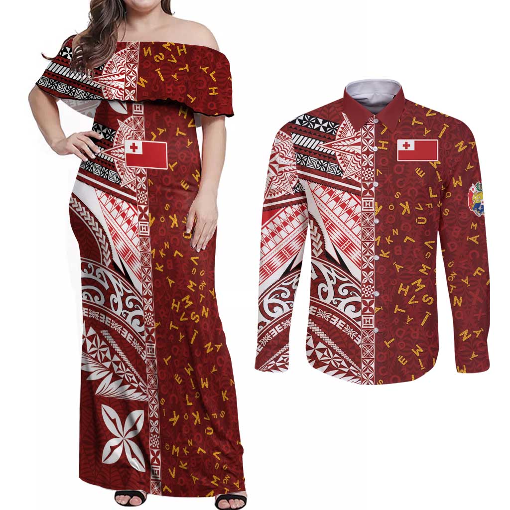 Tonga Language Week Couples Matching Off Shoulder Maxi Dress and Long Sleeve Button Shirt Ngatu Pattern and Tongan Alphabet - Polynesian Pride