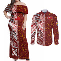 Tonga Language Week Couples Matching Off Shoulder Maxi Dress and Long Sleeve Button Shirt Ngatu Pattern and Tongan Alphabet - Polynesian Pride