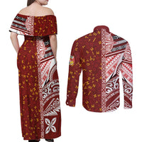 Tonga Language Week Couples Matching Off Shoulder Maxi Dress and Long Sleeve Button Shirt Ngatu Pattern and Tongan Alphabet - Polynesian Pride