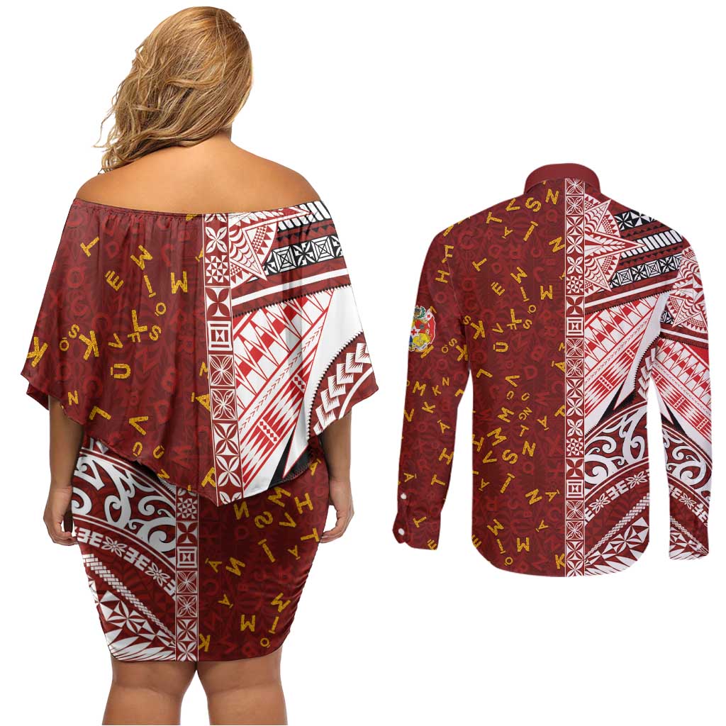 Tonga Language Week Couples Matching Off Shoulder Short Dress and Long Sleeve Button Shirt Ngatu Pattern and Tongan Alphabet - Polynesian Pride
