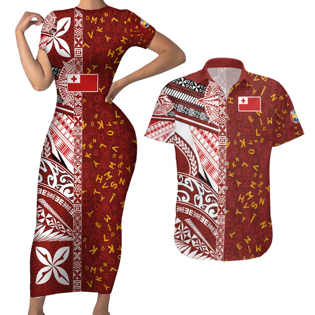 Tonga Language Week Couples Matching Short Sleeve Bodycon Dress and Hawaiian Shirt Ngatu Pattern and Tongan Alphabet - Polynesian Pride
