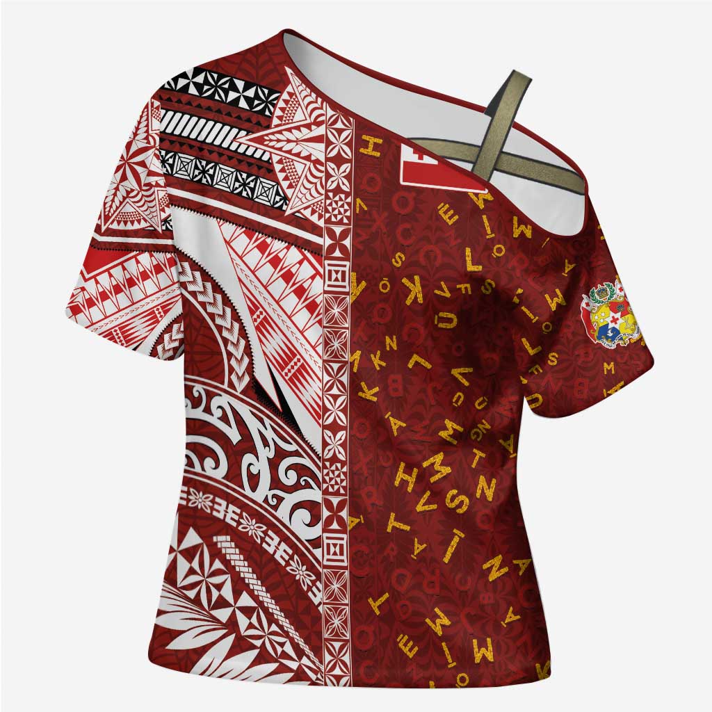 Tonga Language Week Cross Shoulder Shirt Ngatu Pattern and Tongan Alphabet - Polynesian Pride