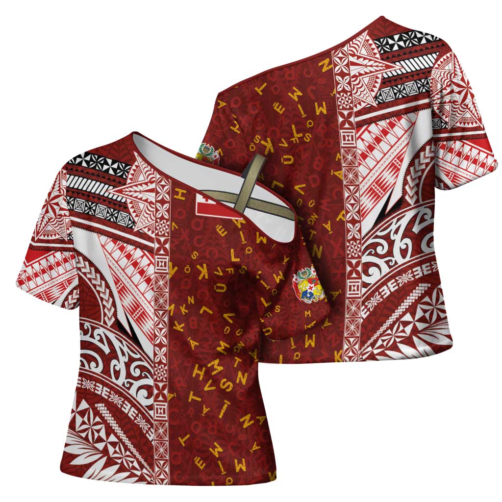 Tonga Language Week Cross Shoulder Shirt Ngatu Pattern and Tongan Alphabet - Polynesian Pride