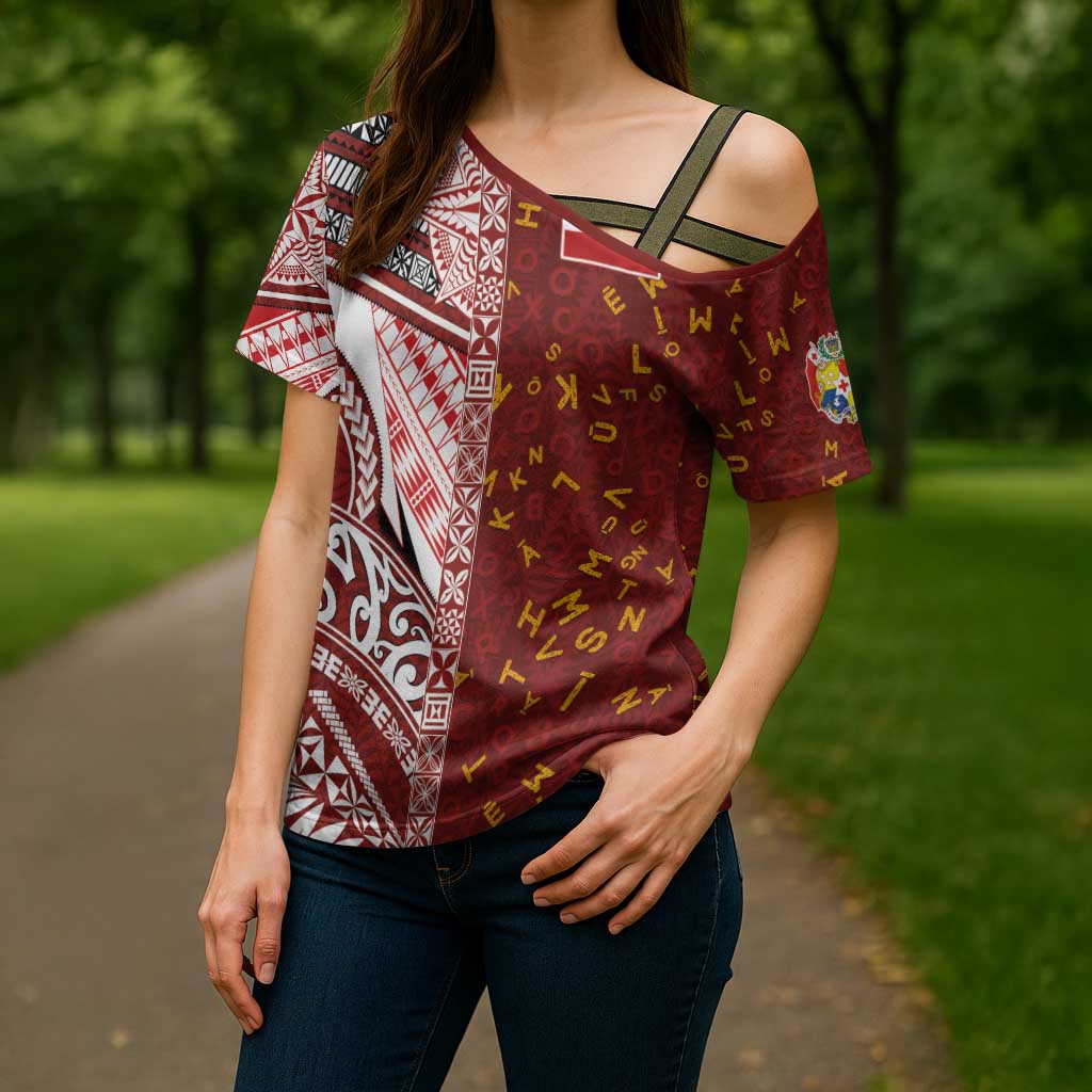 Tonga Language Week Cross Shoulder Shirt Ngatu Pattern and Tongan Alphabet - Polynesian Pride