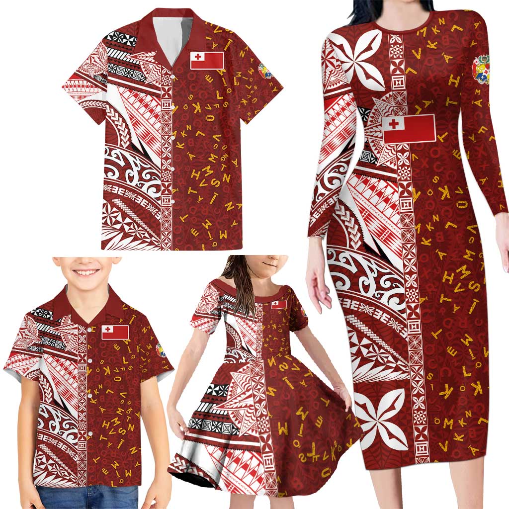 Tonga Language Week Family Matching Long Sleeve Bodycon Dress and Hawaiian Shirt Ngatu Pattern and Tongan Alphabet - Polynesian Pride