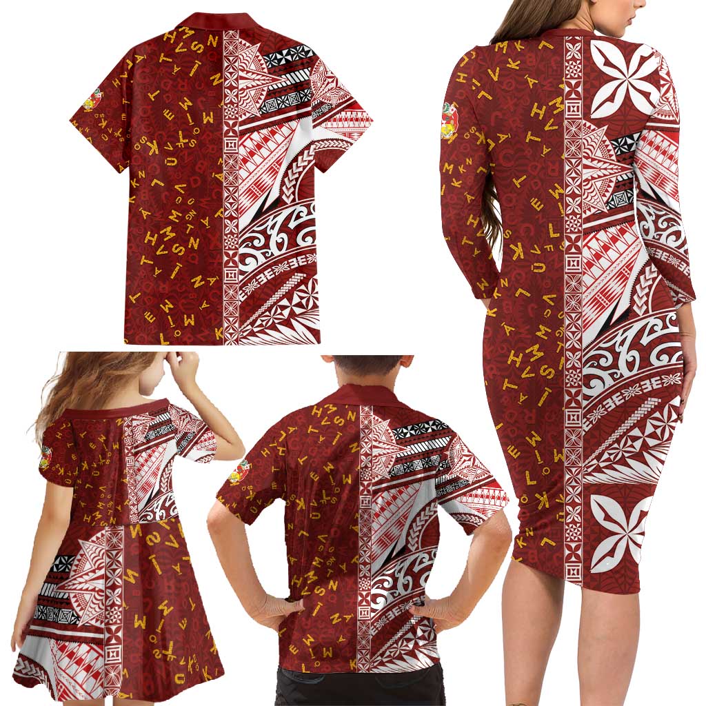 Tonga Language Week Family Matching Long Sleeve Bodycon Dress and Hawaiian Shirt Ngatu Pattern and Tongan Alphabet - Polynesian Pride