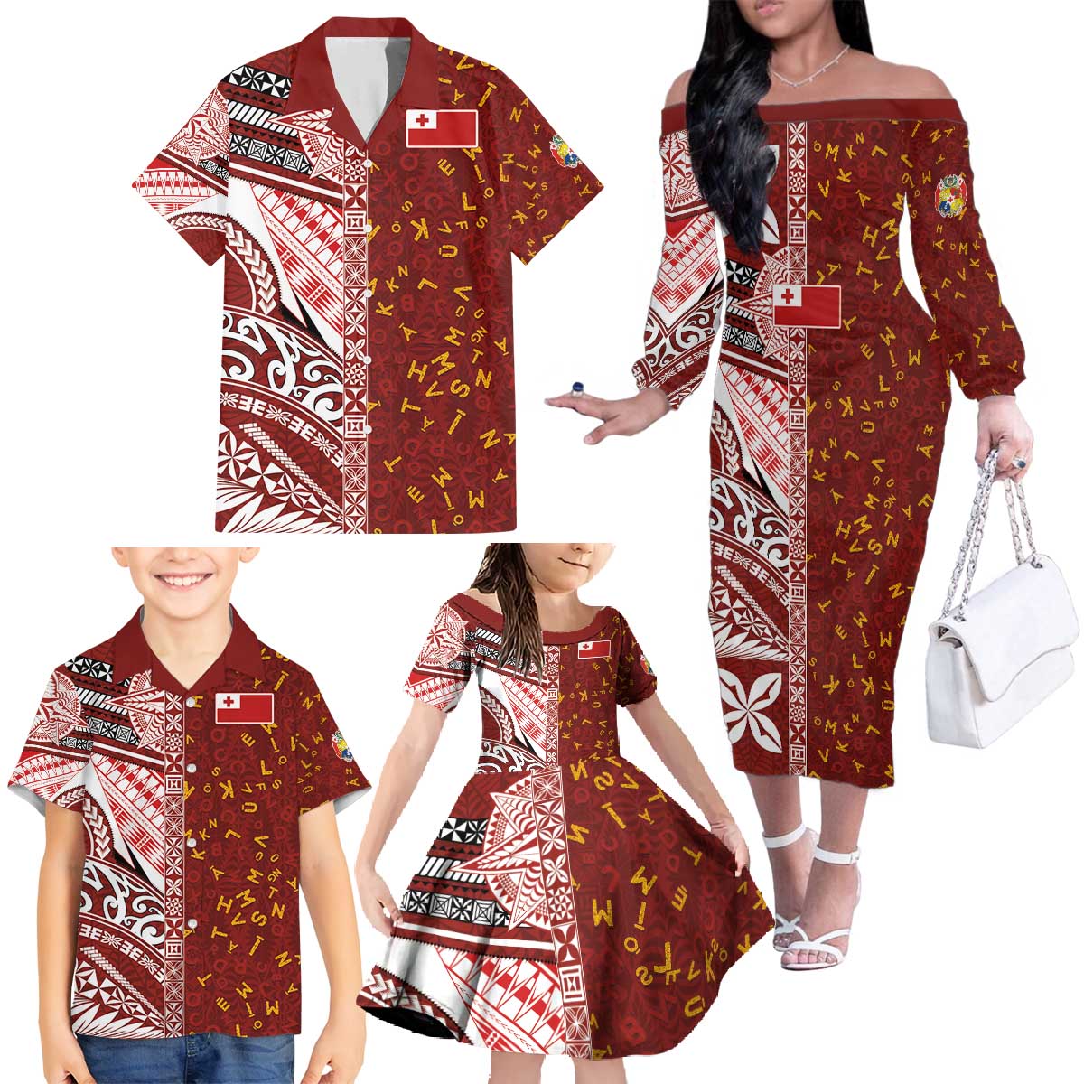 Tonga Language Week Family Matching Off The Shoulder Long Sleeve Dress and Hawaiian Shirt Ngatu Pattern and Tongan Alphabet - Polynesian Pride