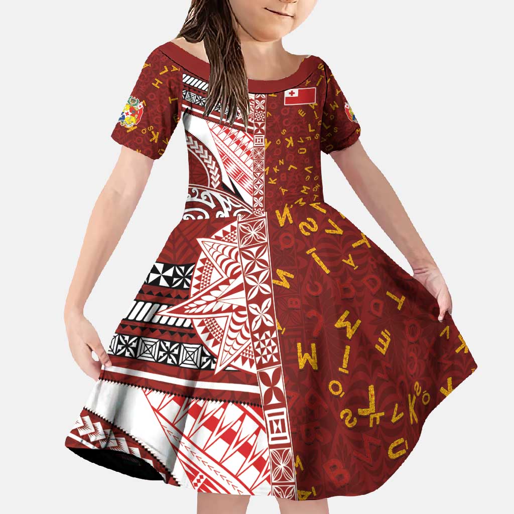 Tonga Language Week Family Matching Off Shoulder Maxi Dress and Hawaiian Shirt Ngatu Pattern and Tongan Alphabet - Polynesian Pride