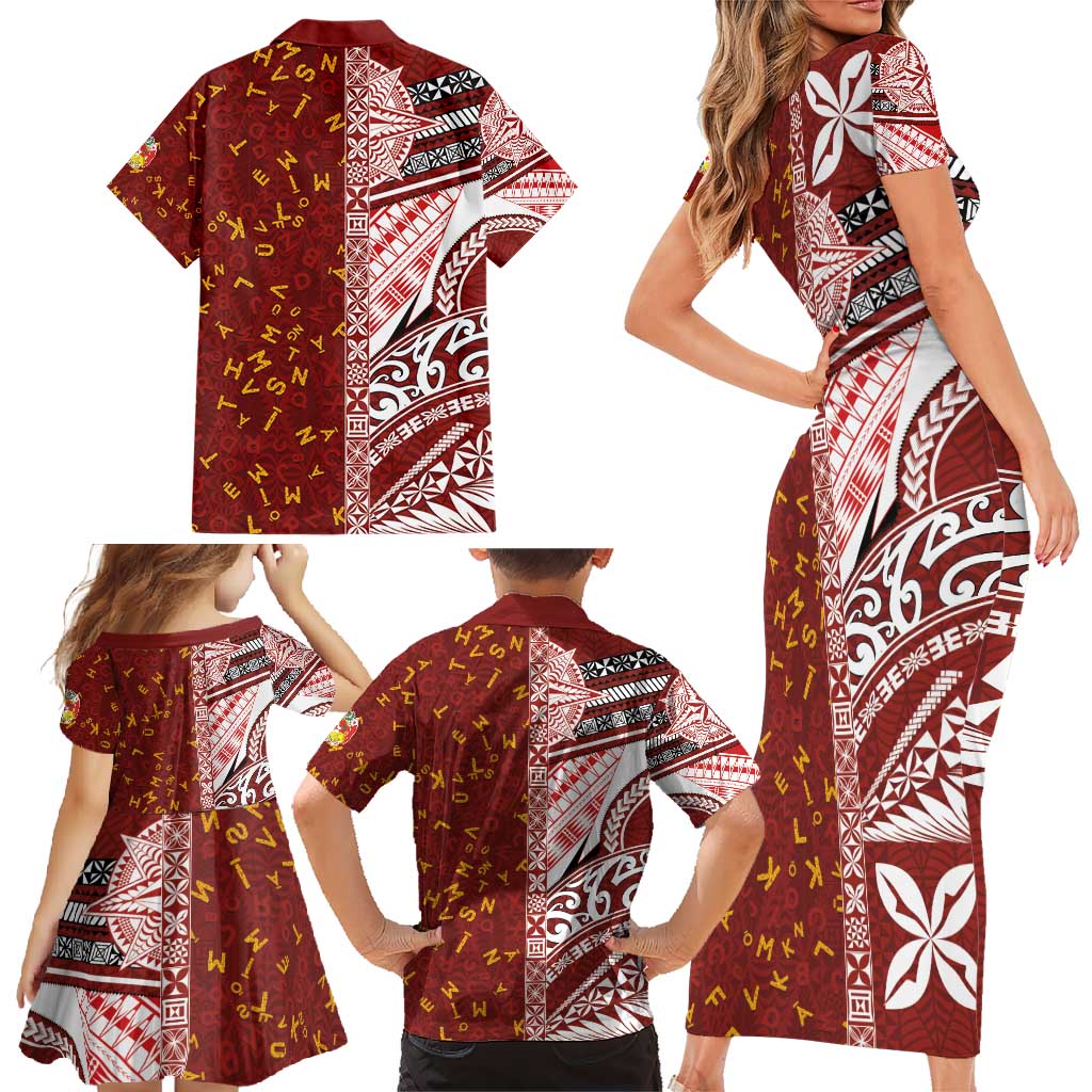 Tonga Language Week Family Matching Short Sleeve Bodycon Dress and Hawaiian Shirt Ngatu Pattern and Tongan Alphabet - Polynesian Pride