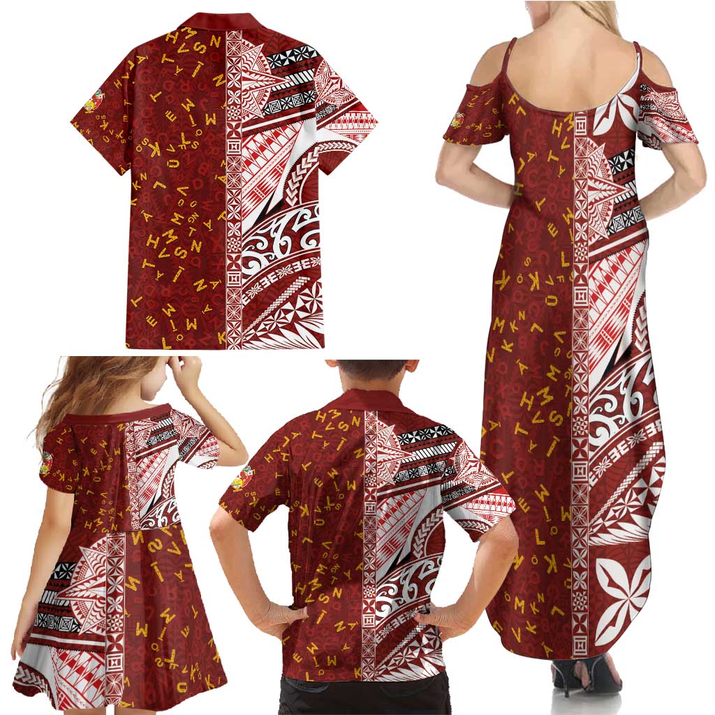 Tonga Language Week Family Matching Summer Maxi Dress and Hawaiian Shirt Ngatu Pattern and Tongan Alphabet - Polynesian Pride