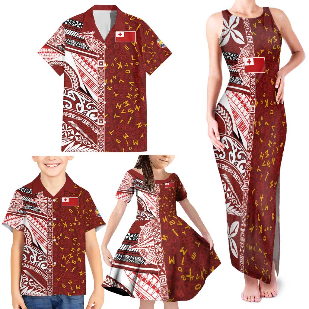 Tonga Language Week Family Matching Tank Maxi Dress and Hawaiian Shirt Ngatu Pattern and Tongan Alphabet - Polynesian Pride