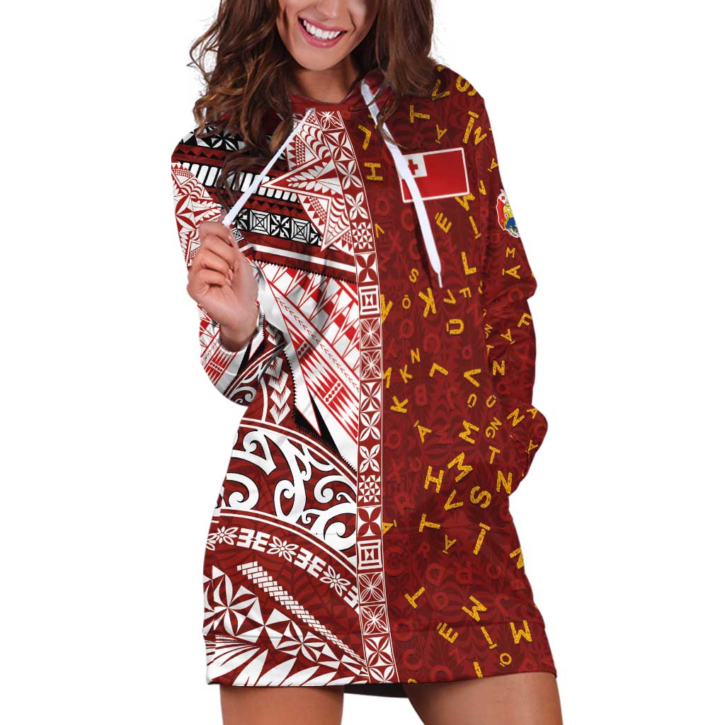 Tonga Language Week Hoodie Dress Ngatu Pattern and Tongan Alphabet - Polynesian Pride