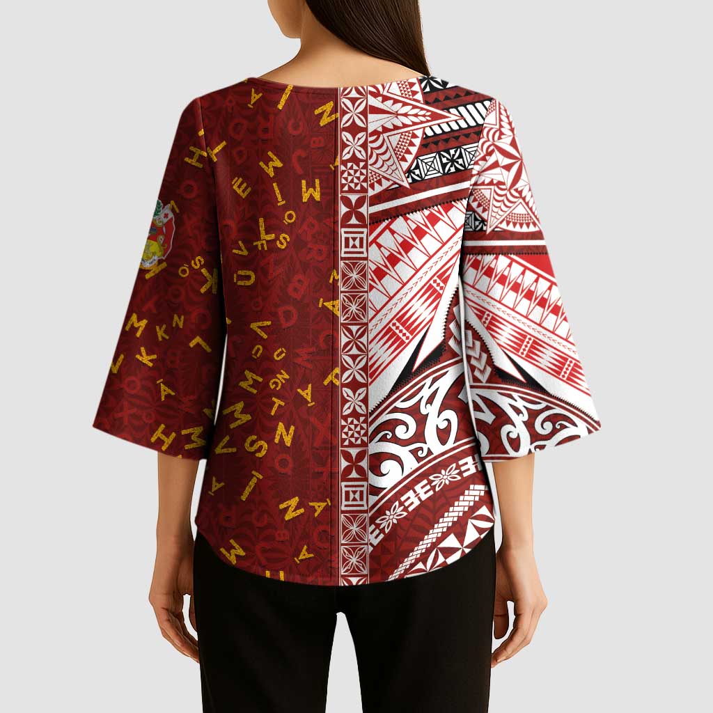 Tonga Language Week Kimono Sleeve Blouse Ngatu Pattern and Tongan Alphabet - Polynesian Pride
