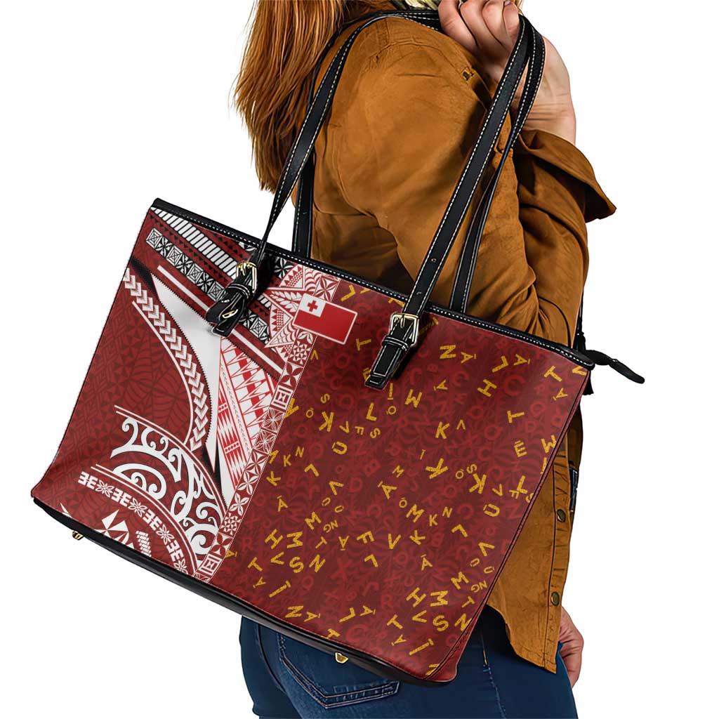 Tonga Language Week Leather Tote Bag Ngatu Pattern and Tongan Alphabet - Polynesian Pride