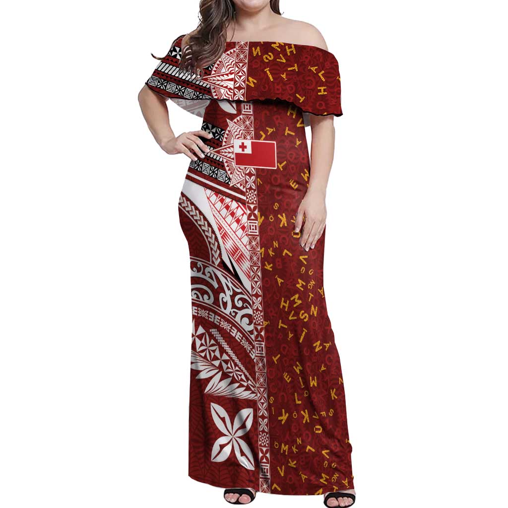 Tonga Language Week Off Shoulder Maxi Dress Ngatu Pattern and Tongan Alphabet - Polynesian Pride