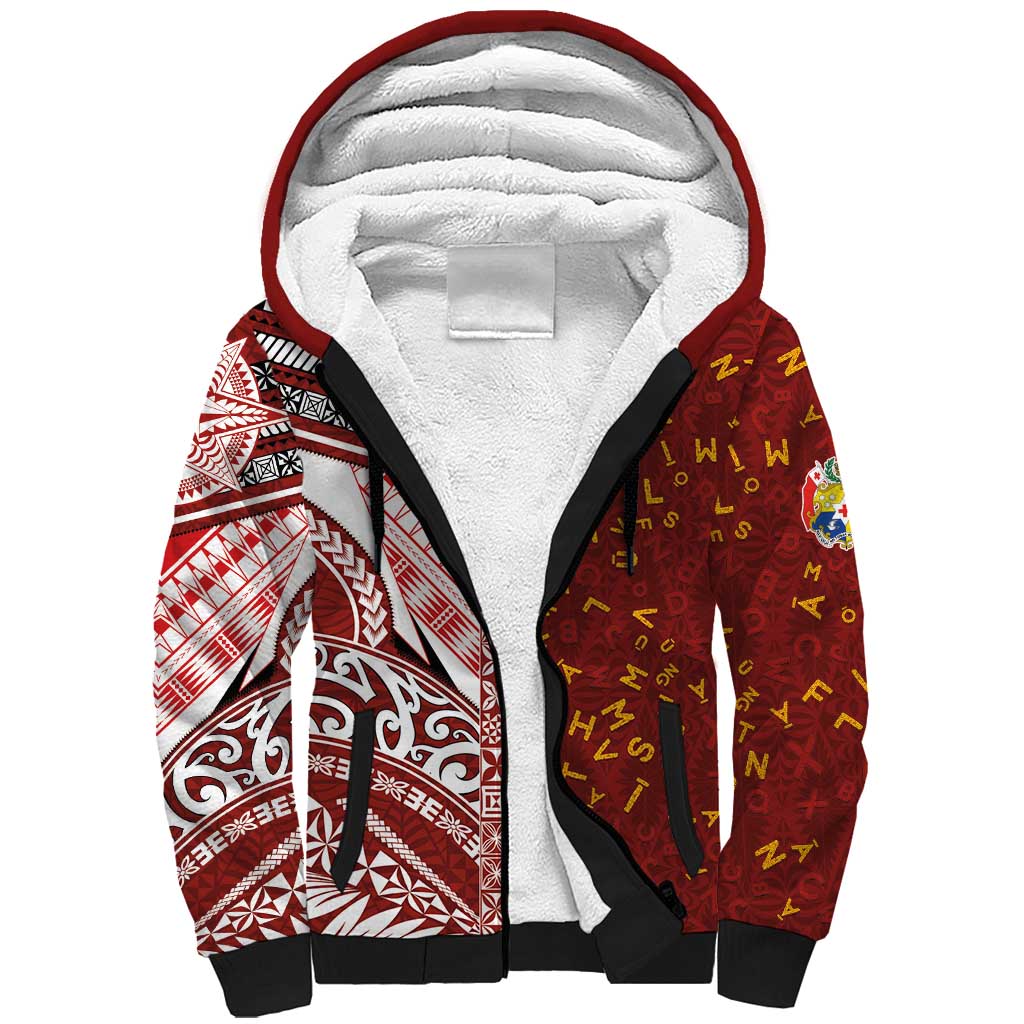 Tonga Language Week Sherpa Hoodie Ngatu Pattern and Tongan Alphabet - Polynesian Pride