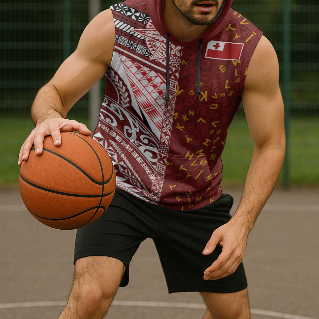 Tonga Language Week Sleeveless Hoodie Ngatu Pattern and Tongan Alphabet - Polynesian Pride