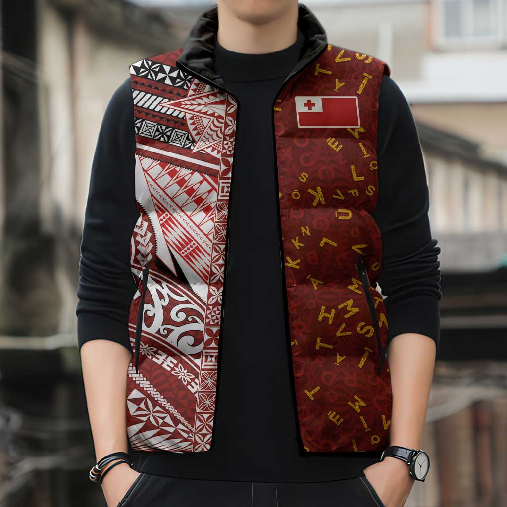 Tonga Language Week Sleeveless Puffer Jacket Ngatu Pattern and Tongan Alphabet - Polynesian Pride