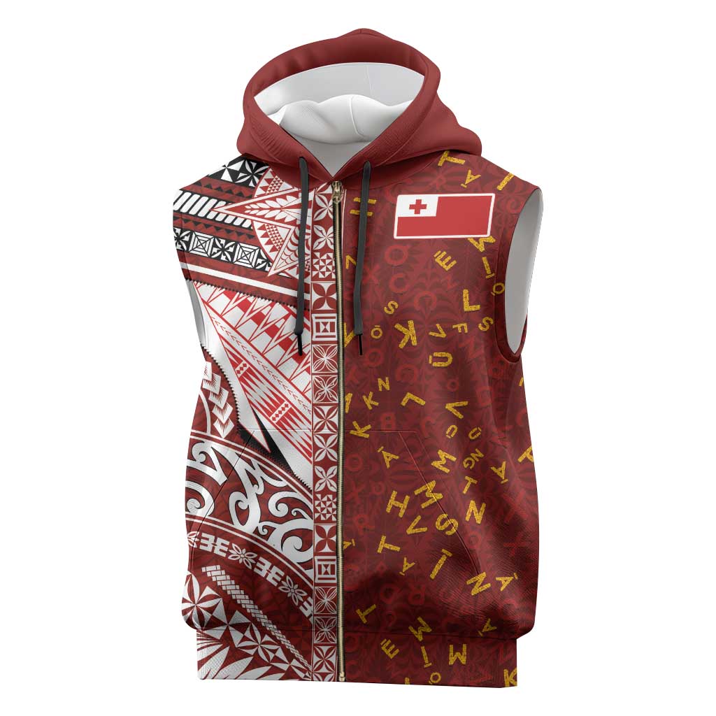 Tonga Language Week Sleeveless Zip Hoodie Ngatu Pattern and Tongan Alphabet - Polynesian Pride