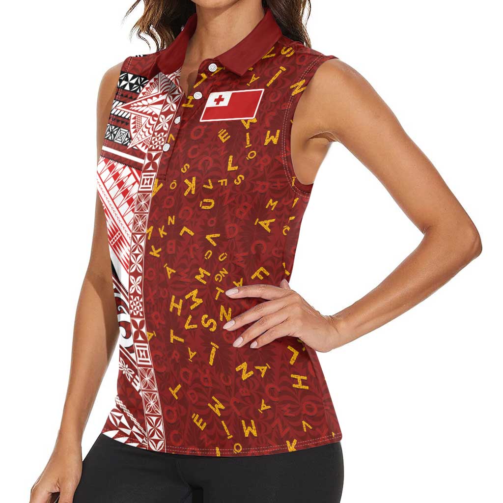 Tonga Language Week Women Sleeveless Polo Shirt Ngatu Pattern and Tongan Alphabet - Polynesian Pride