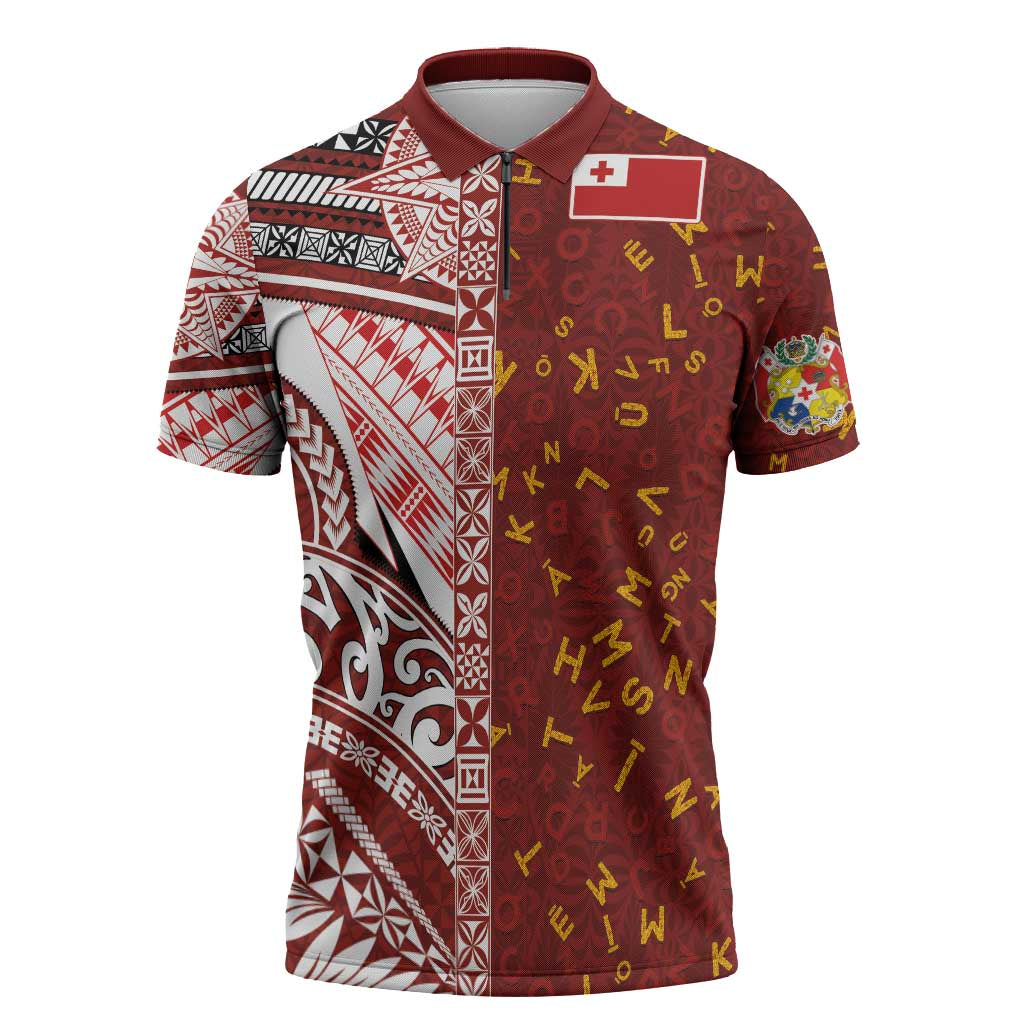 Tonga Language Week Zipper Polo Shirt Ngatu Pattern and Tongan Alphabet - Polynesian Pride