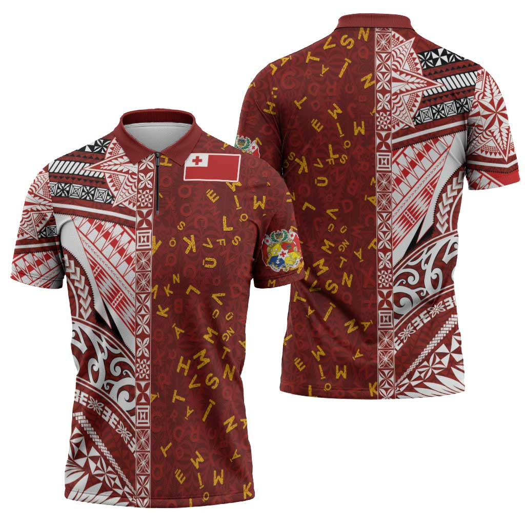 Tonga Language Week Zipper Polo Shirt Ngatu Pattern and Tongan Alphabet - Polynesian Pride