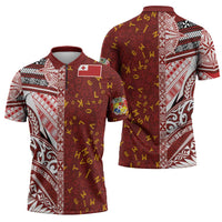 Tonga Language Week Zipper Polo Shirt Ngatu Pattern and Tongan Alphabet - Polynesian Pride
