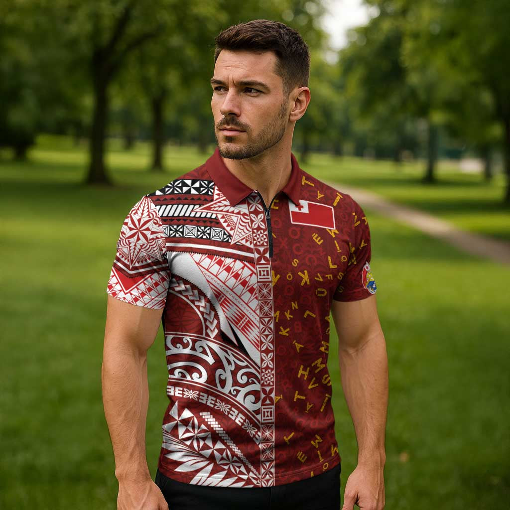 Tonga Language Week Zipper Polo Shirt Ngatu Pattern and Tongan Alphabet - Polynesian Pride