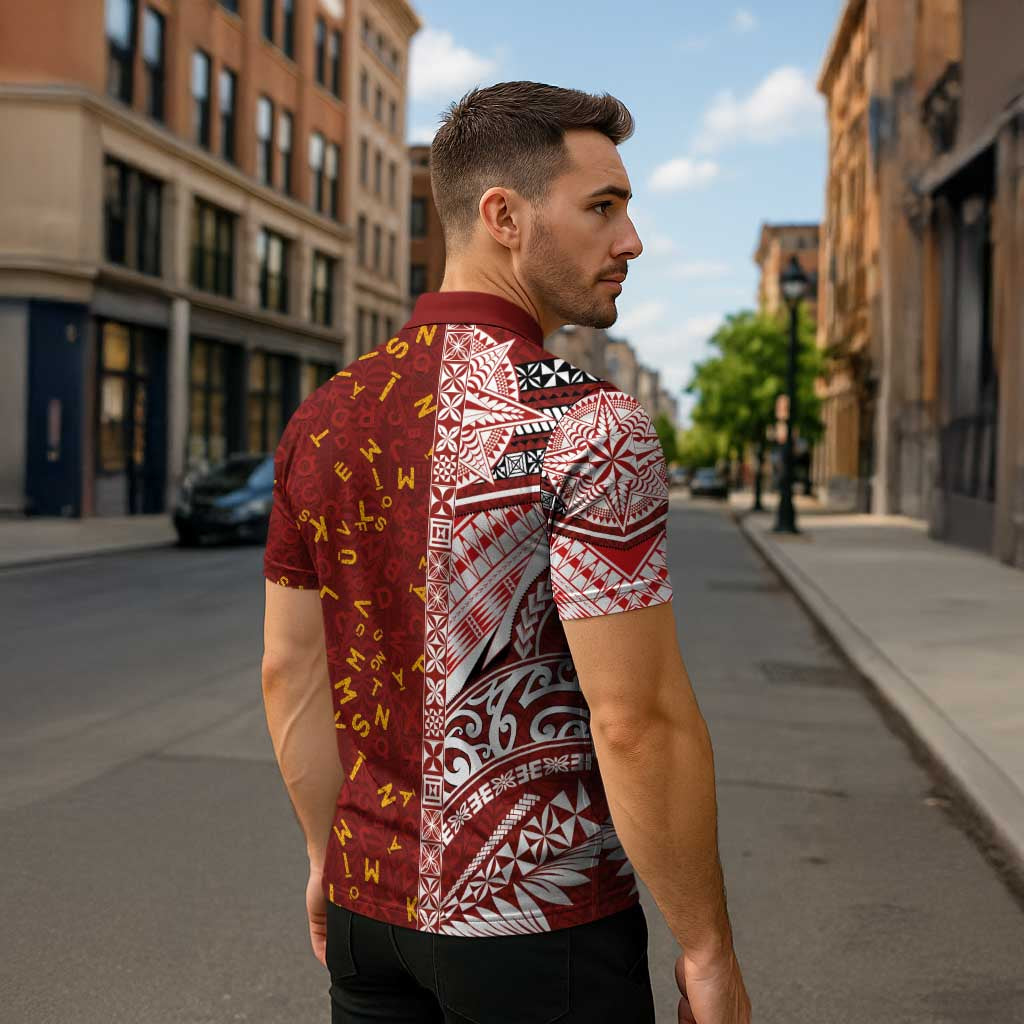 Tonga Language Week Zipper Polo Shirt Ngatu Pattern and Tongan Alphabet - Polynesian Pride