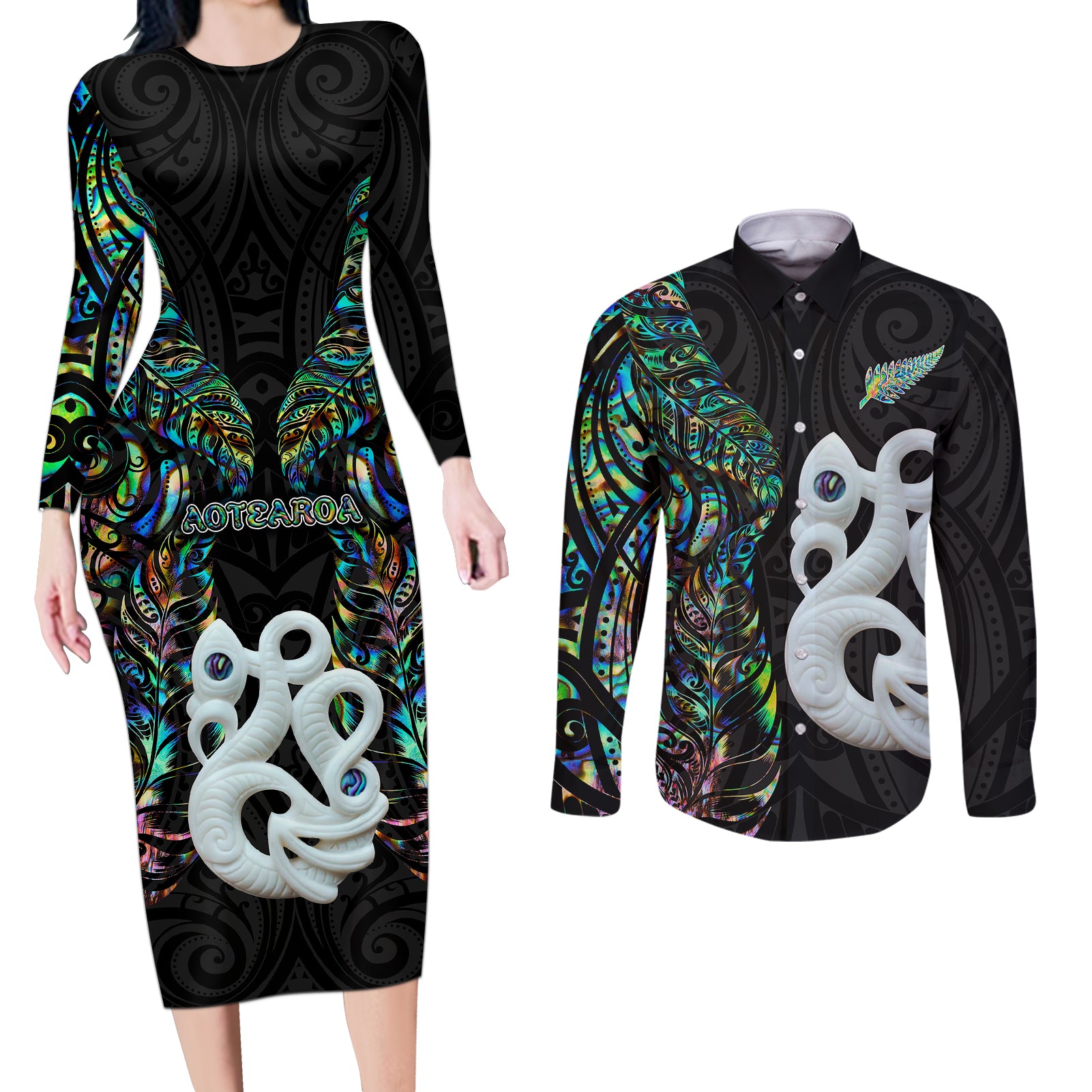 New Zealand Couples Matching Long Sleeve Bodycon Dress and Long Sleeve Button Shirts Silver Fern and Manaia with Papua Shell Maori Tribal LT03 White - Polynesian Pride