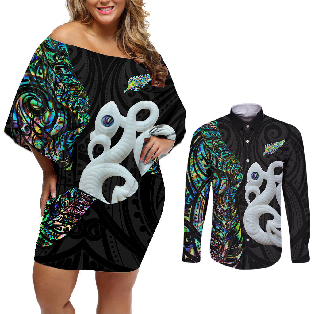 New Zealand Couples Matching Off Shoulder Short Dress and Long Sleeve Button Shirts Silver Fern and Manaia with Papua Shell Maori Tribal LT03 White - Polynesian Pride
