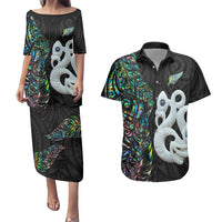 New Zealand Couples Matching Puletasi Dress and Hawaiian Shirt Silver Fern and Manaia with Papua Shell Maori Tribal LT03 White - Polynesian Pride