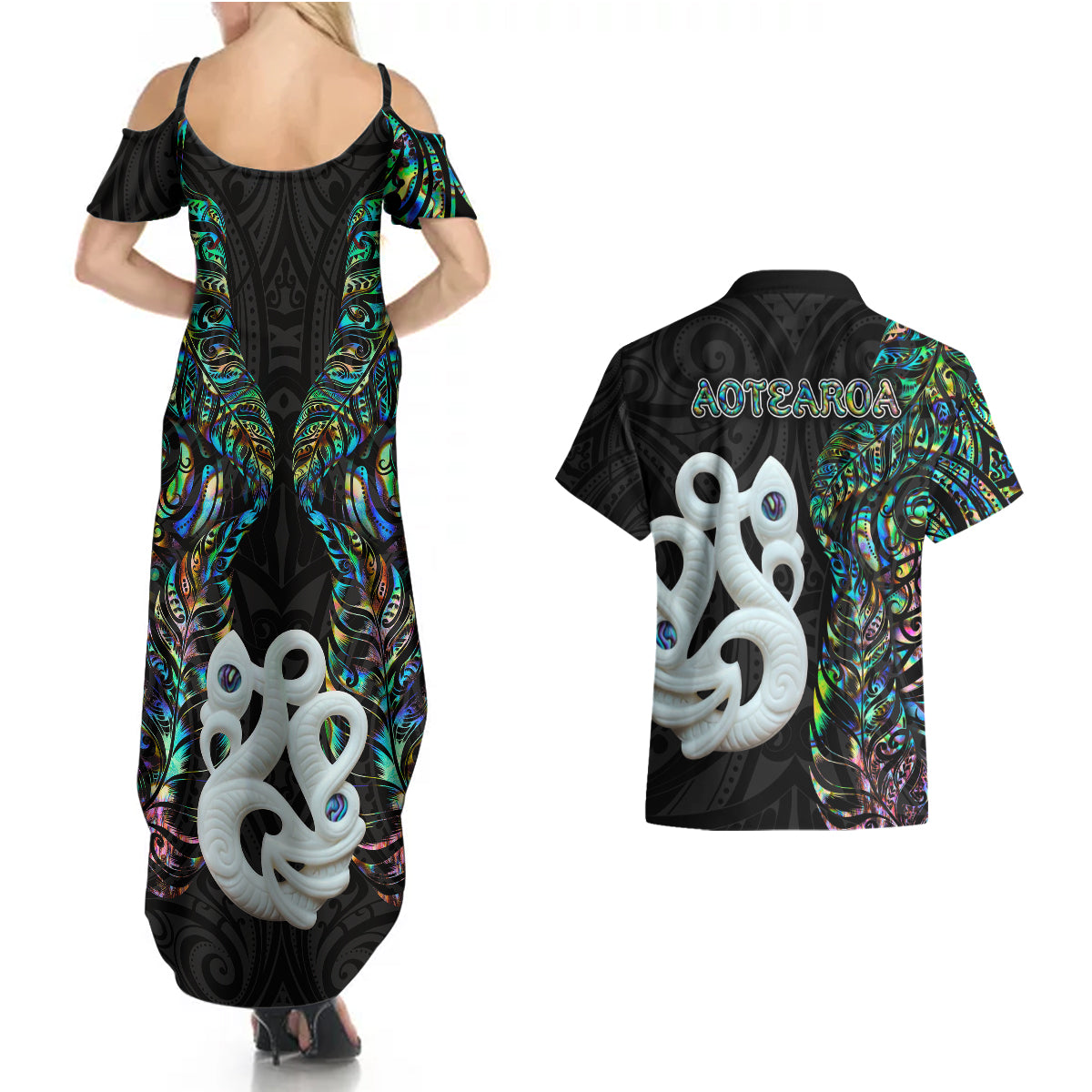 New Zealand Couples Matching Summer Maxi Dress and Hawaiian Shirt Silver Fern and Manaia with Papua Shell Maori Tribal LT03 - Polynesian Pride