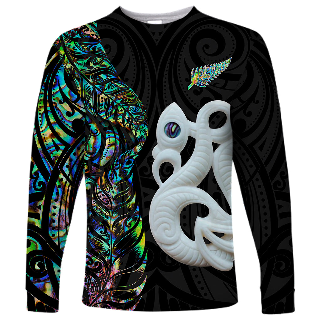 New Zealand Long Sleeve Shirt Silver Fern and Manaia with Papua Shell Maori Tribal LT03 Unisex White - Polynesian Pride