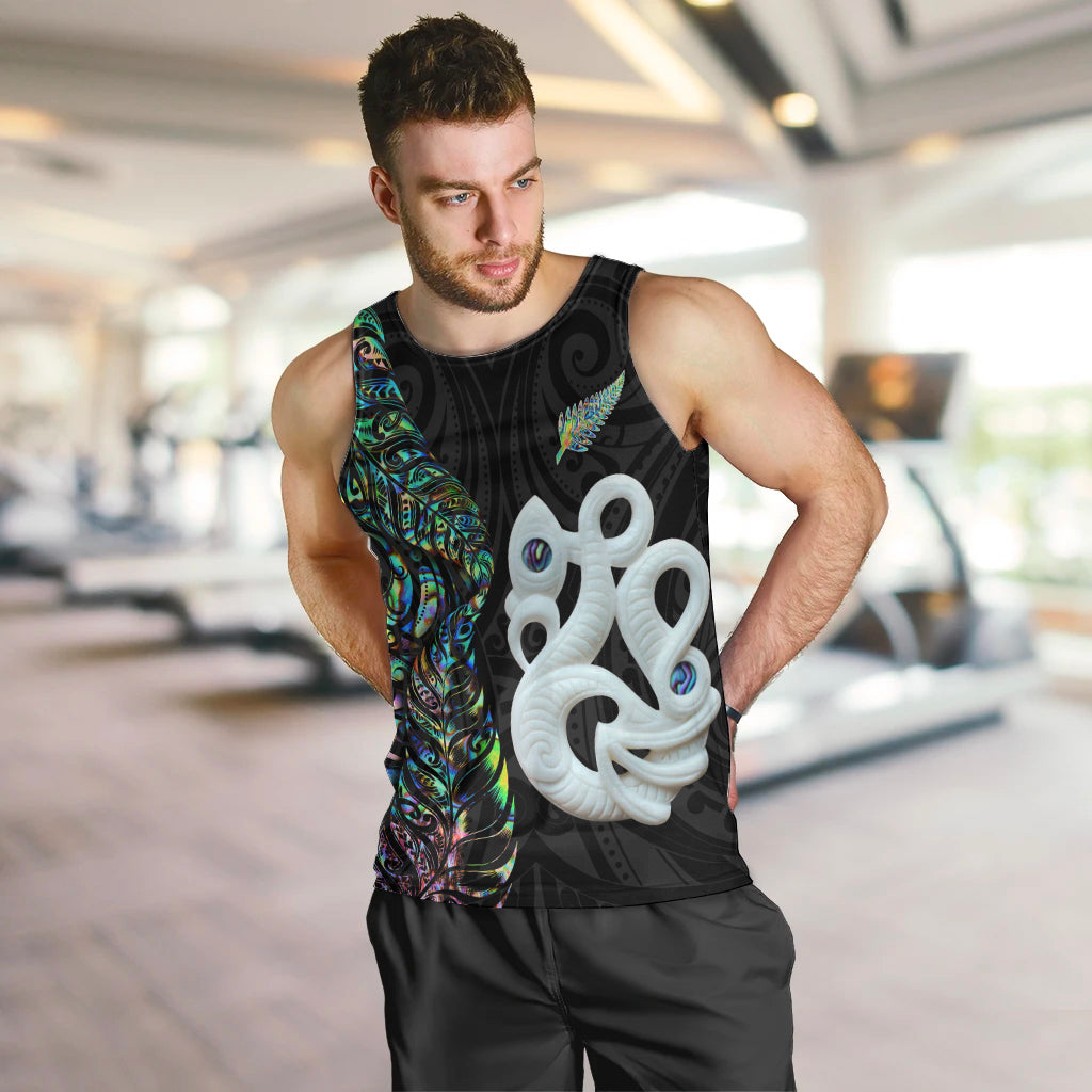 New Zealand Men Tank Top Silver Fern and Manaia with Papua Shell Maori Tribal LT03 - Polynesian Pride