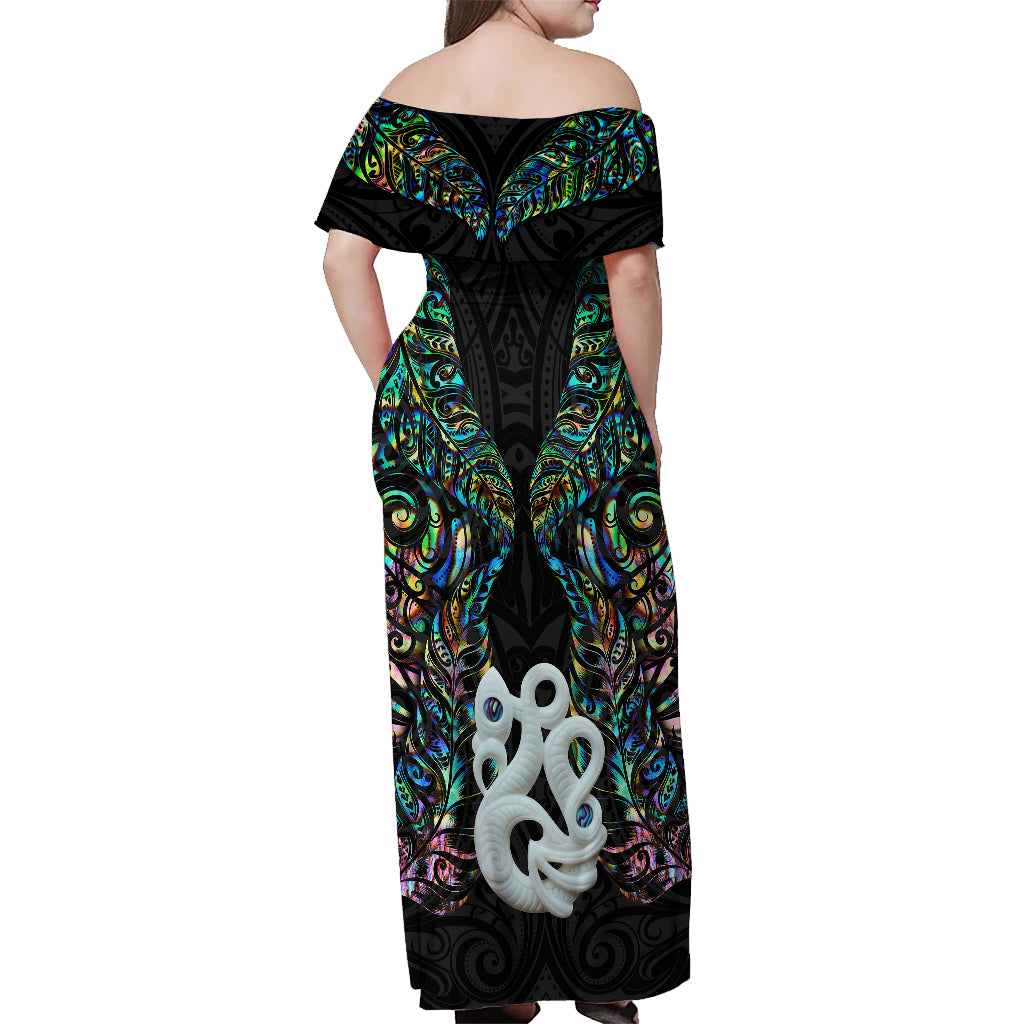 New Zealand Off Shoulder Maxi Dress Silver Fern and Manaia with Papua Shell Maori Tribal LT03 - Polynesian Pride