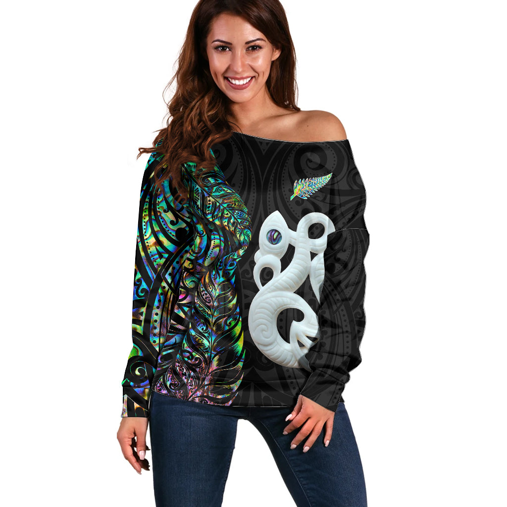 New Zealand Off Shoulder Sweater Silver Fern and Manaia with Papua Shell Maori Tribal LT03 Women White - Polynesian Pride