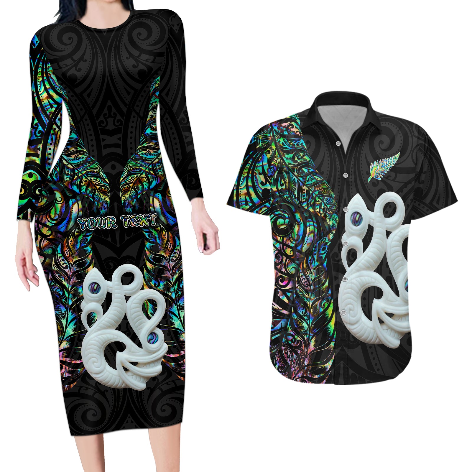 Custom New Zealand Couples Matching Long Sleeve Bodycon Dress and Hawaiian Shirt Silver Fern and Manaia with Papua Shell Maori Tribal LT03 White - Polynesian Pride