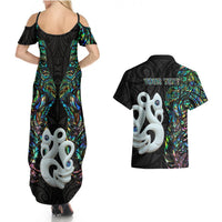 Custom New Zealand Couples Matching Summer Maxi Dress and Hawaiian Shirt Silver Fern and Manaia with Papua Shell Maori Tribal LT03 - Polynesian Pride