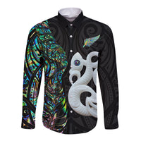 Custom New Zealand Long Sleeve Button Shirt Silver Fern and Manaia with Papua Shell Maori Tribal LT03 Unisex White - Polynesian Pride