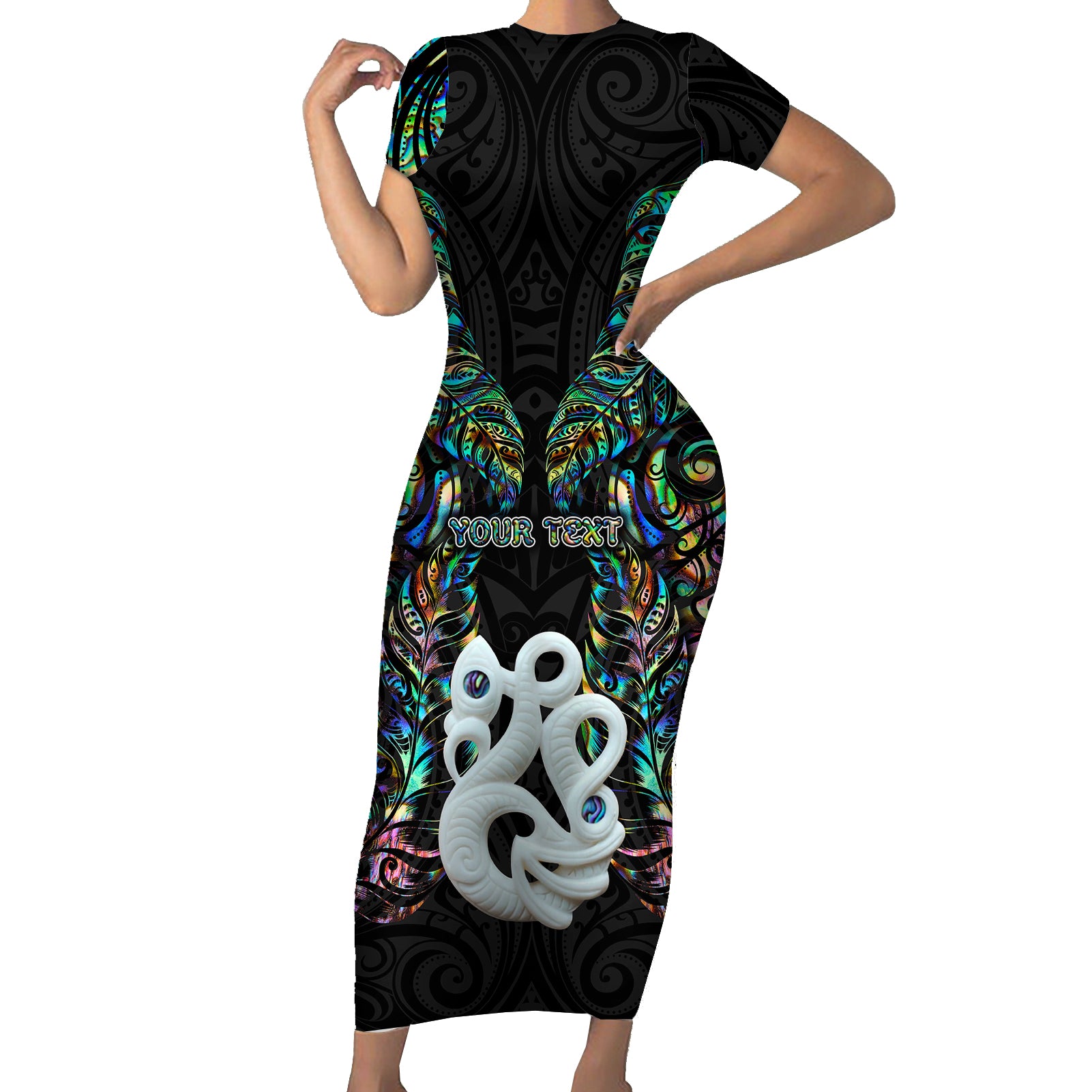 Custom New Zealand Short Sleeve Bodycon Dress Silver Fern and Manaia with Papua Shell Maori Tribal LT03 Long Dress White - Polynesian Pride