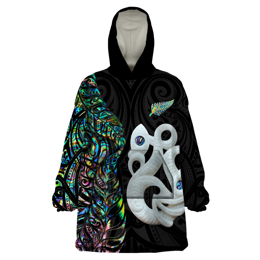 Custom New Zealand Wearable Blanket Hoodie Silver Fern and Manaia with Papua Shell Maori Tribal LT03 One Size White - Polynesian Pride